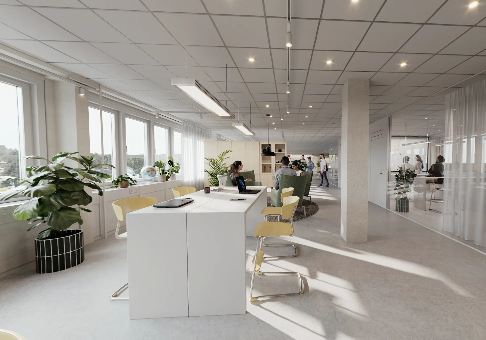Ljus, öppen utbildningsmiljö med reception och studieytor i Clovergate, Upplands Väsby